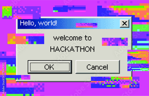 Retro user interface with window message box. Vaporwave and cyberpunk style cover for Hackathon event.