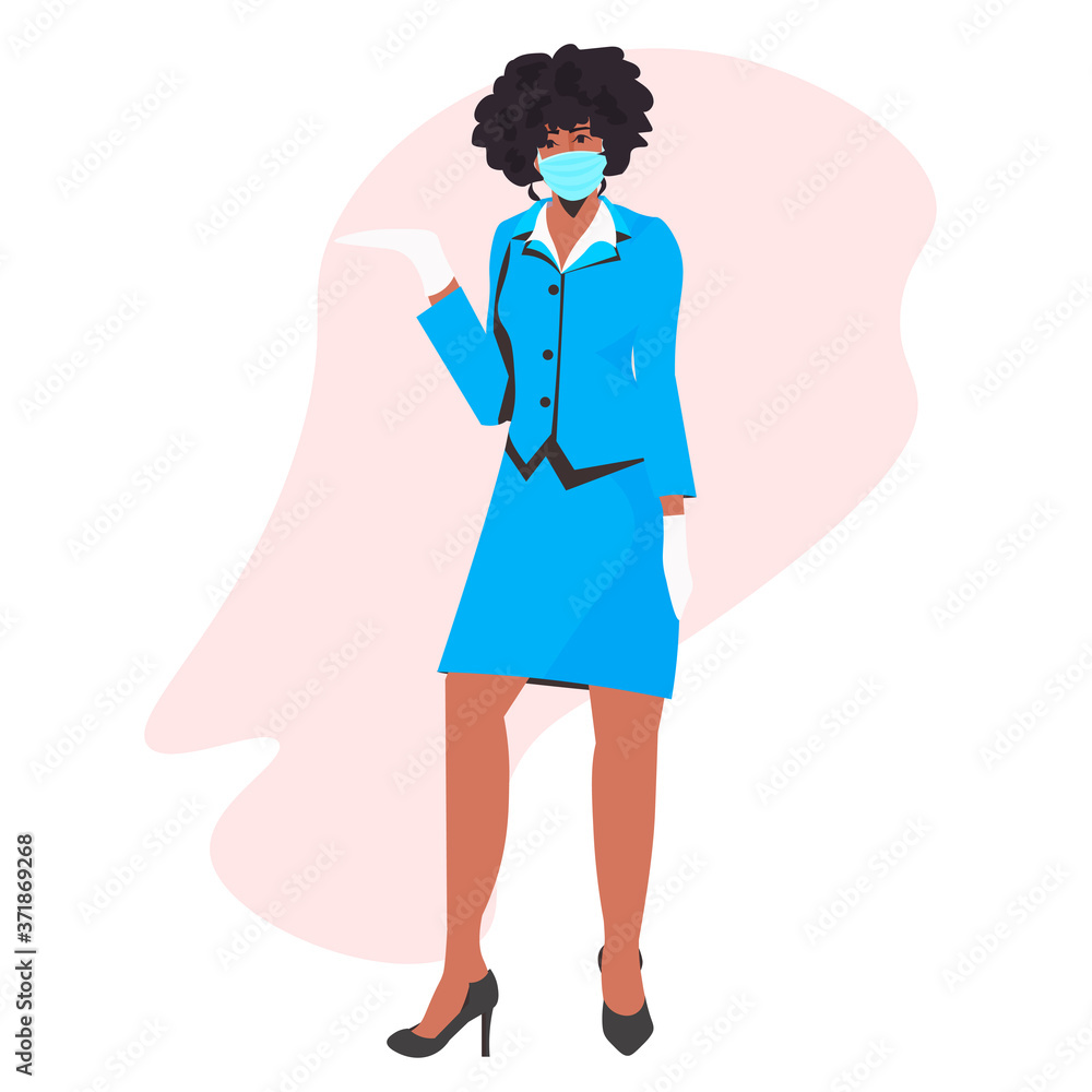 african american stewardess in uniform wearing face mask to prevent coronavirus pandemic covid-19 quarantine concept full length vector illustration african american stewardess in uniform wearing face mask to prevent coronavirus pandemic covid-19 quarantine concept full length vector illustration