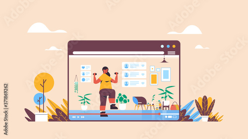 fitness blogger doing exercises with dumbbells recording online video blog live streaming blogging concept girl vlogger in web browser window horizontal full length vector illustration