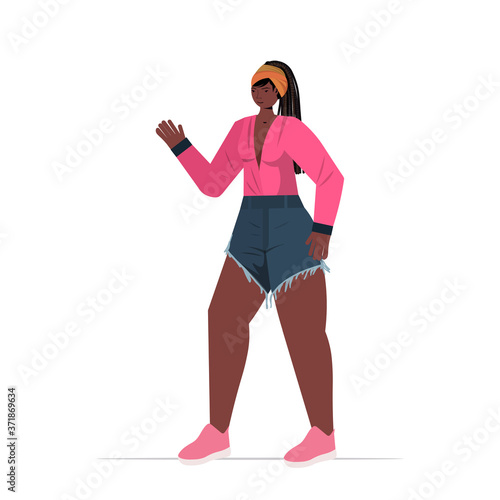 young woman in casual trendy clothes african american female cartoon character standing pose full length vector illustration