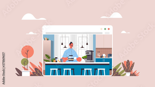 happy man drinking coffee guy relaxing at home online cooking concept modern kitchen interior web browser window horizontal portrait vector illustration