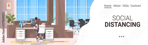 businesspeople keeping distance to prevent coronavirus epidemic covid-19 protection measures office interior horizontal full length copy space vector illustration