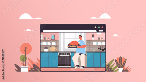 man preparing turkey at home online cooking concept modern kitchen interior web browser window horizontal full length vector illustration