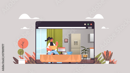 happy woman preparing sweet cake at home online cooking concept modern kitchen interior web browser window horizontal portrait vector illustration