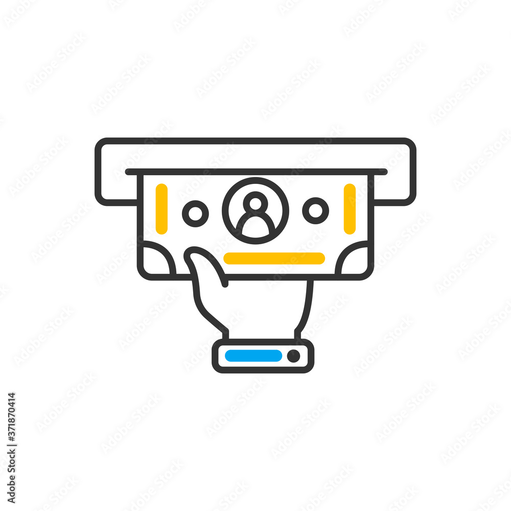 Withdraw cash money in ATM. Hand with dollars. Vector color icon. Withdraw cash money in ATM. Hand with dollars. Vector color icon.