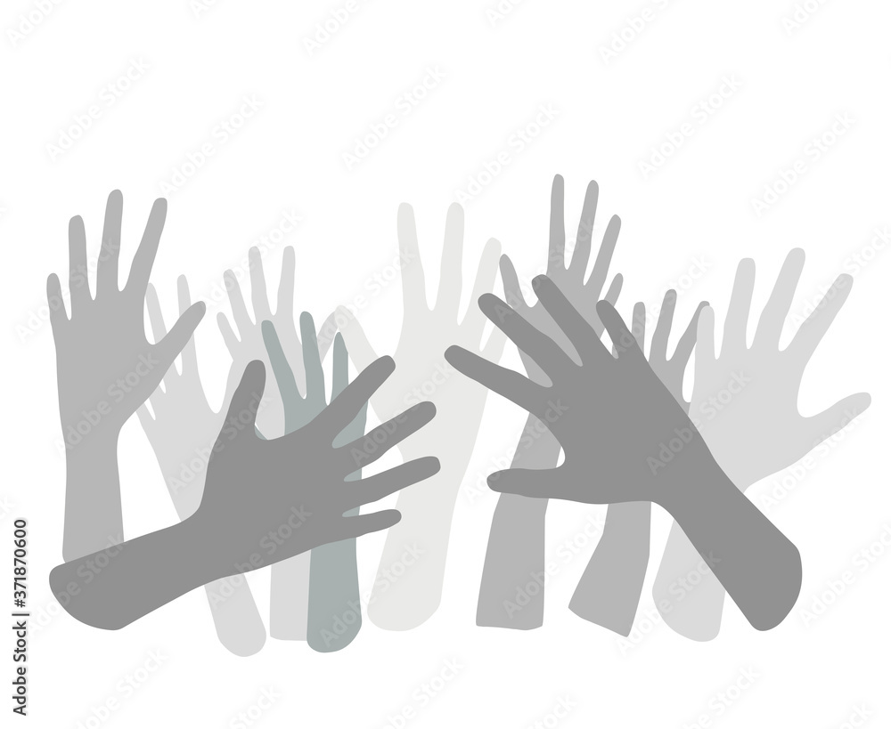 Many gray zombie hands reach up, isolated lot of hands raised up, halloween