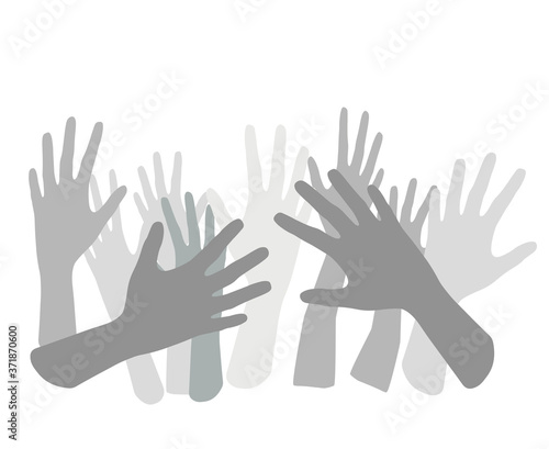 Many gray zombie hands reach up, isolated lot of hands raised up, halloween