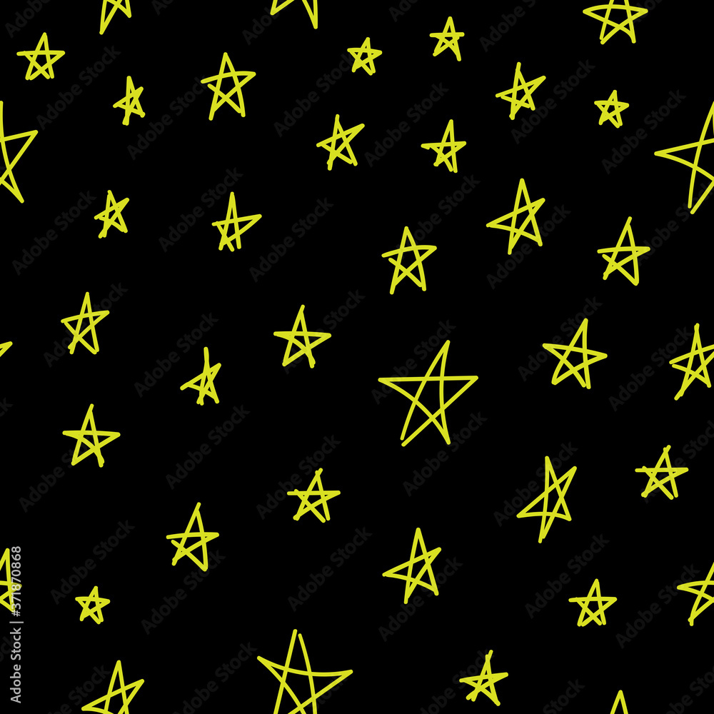 doodle stars on a black background, seamless pattern, vector