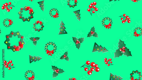 Seamless christmas pattern with lolipop candy, christmas ball, santa claus socks and hat, bow ribbon and holly berries red, white green backgorund. Cute simple flat vector, design for wrapping paper