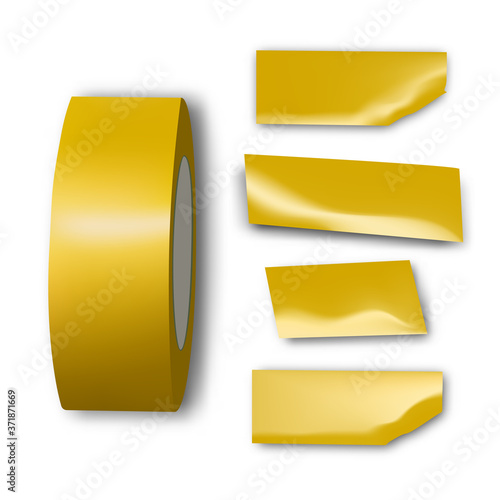 Sticky scotch duct paper. Piece of yellow adhesive torn grunge tape isolated on white background. Strip vector texture.