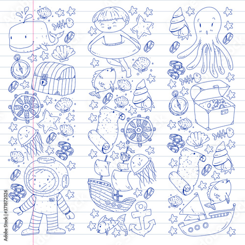 Vector icons of sea ocean adventure for little children. Nautical pattern for kids. Whale, pirates, pirate map, treasure chest, diving and fishes.