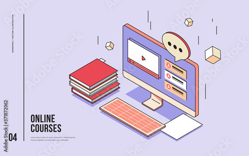 Concept of online learning, computer courses. Image of a monitor with dialog boxes, keyboard, and books. Isometric vector illustration of home school, distance learning, e-education.