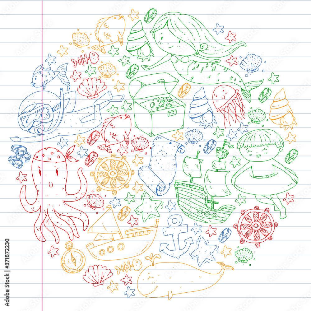 Fototapeta premium Vector icons of sea ocean adventure for little children. Nautical pattern for kids. Whale, pirates, pirate map, treasure chest, diving and fishes.