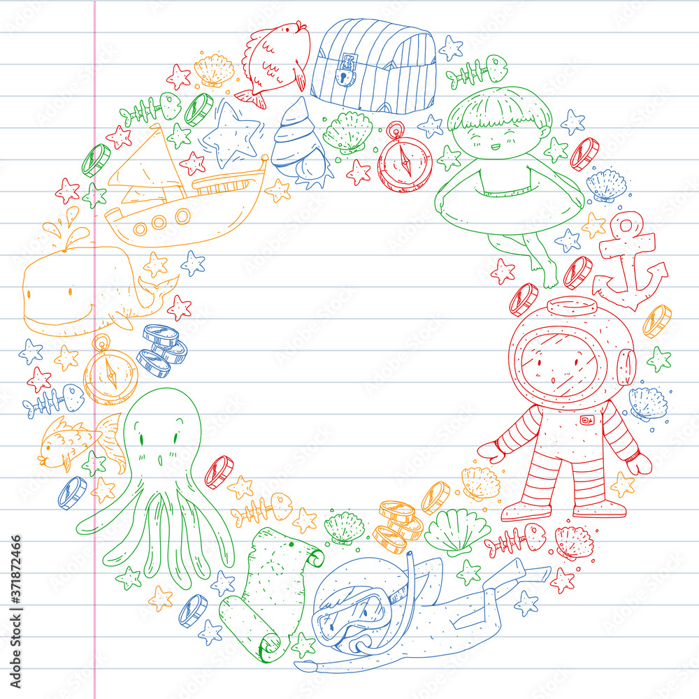 Vector icons of sea ocean adventure for little children. Nautical pattern for kids. Whale, pirates, pirate map, treasure chest, diving and fishes. Vector icons of sea ocean adventure for little children. Nautical pattern for kids. Whale, pirates, pirate map, treasure chest, diving and fishes.