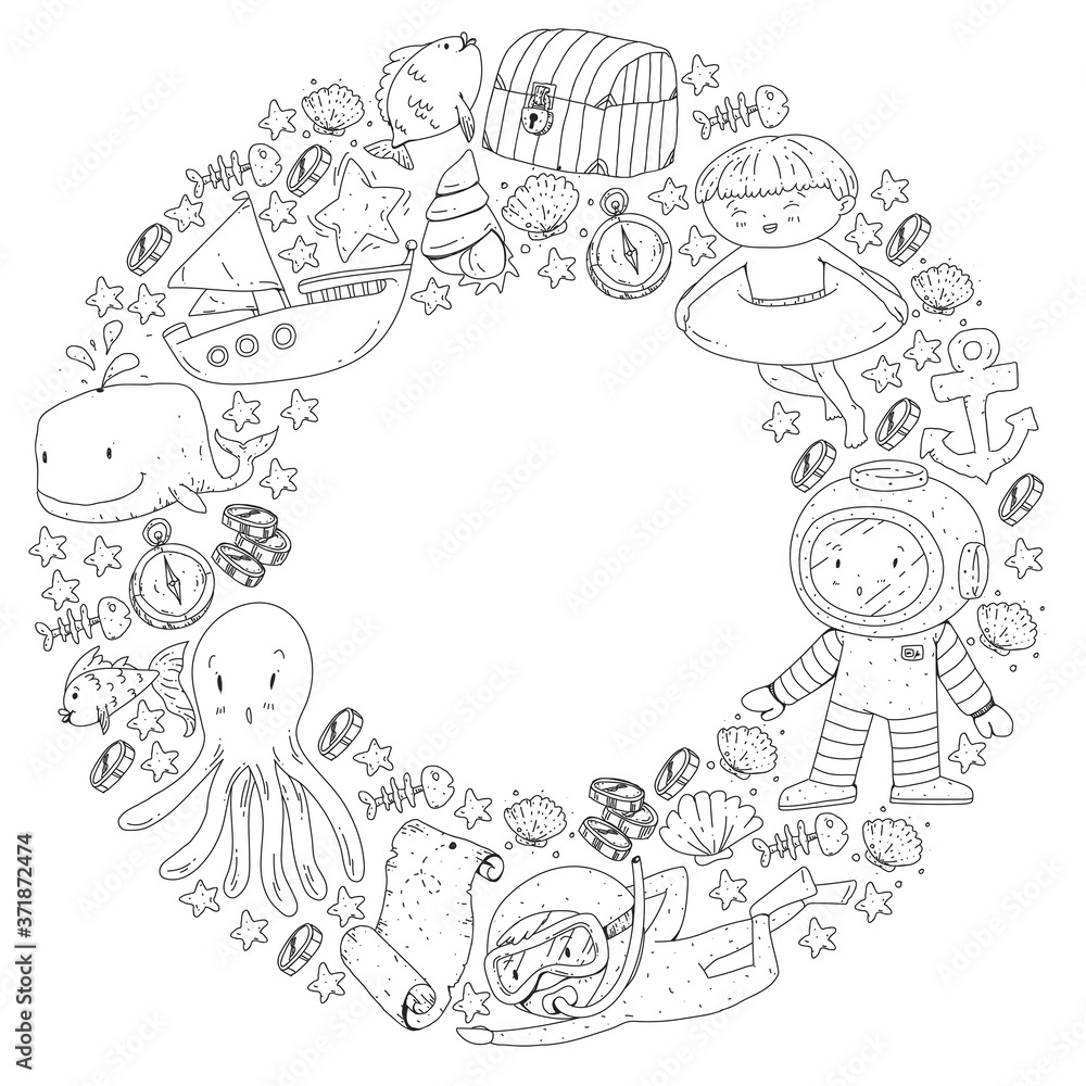 Vector icons of sea ocean adventure for little children. Nautical pattern for kids. Whale, pirates, pirate map, treasure chest, diving and fishes. Vector icons of sea ocean adventure for little children. Nautical pattern for kids. Whale, pirates, pirate map, treasure chest, diving and fishes.