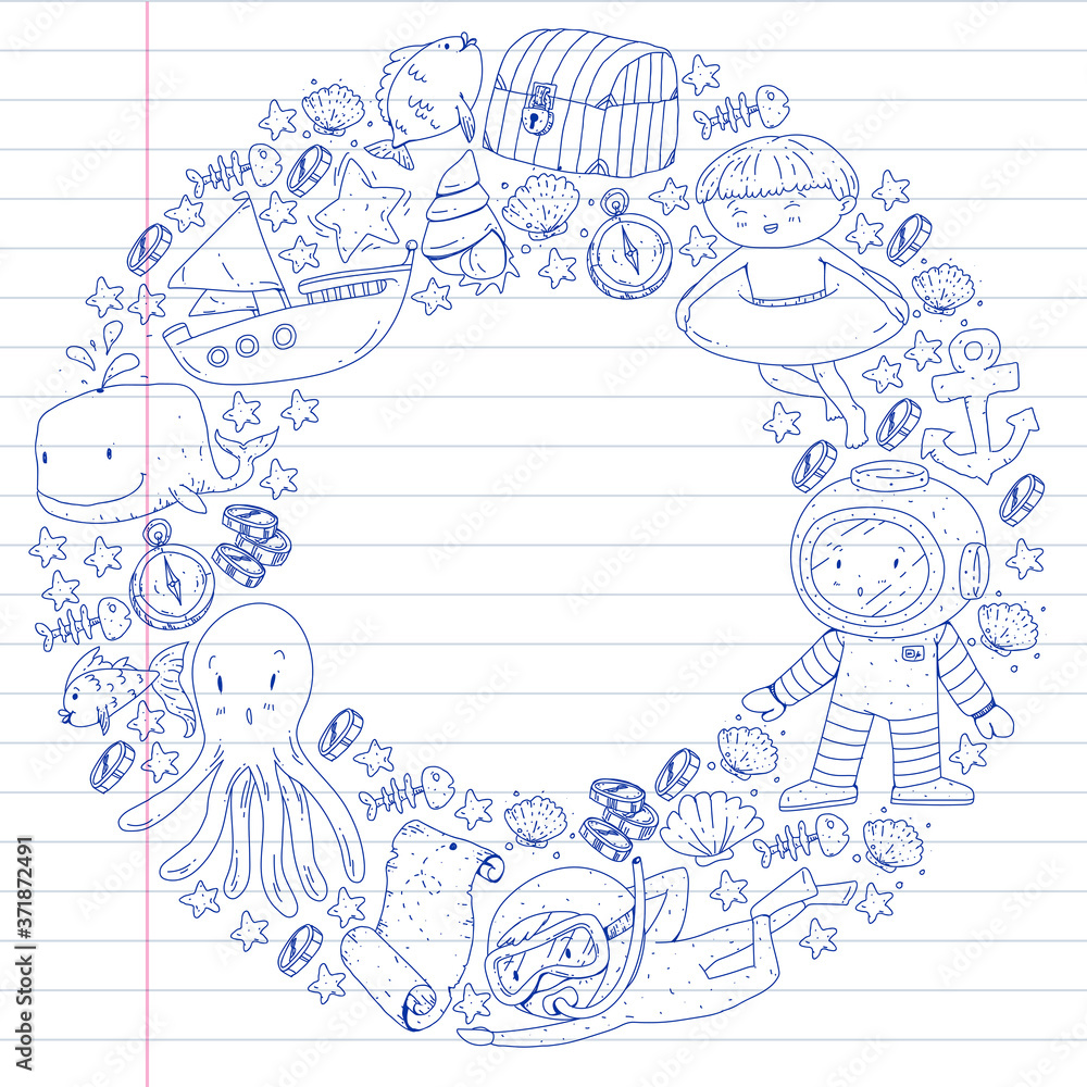 Vector icons of sea ocean adventure for little children. Nautical pattern for kids. Whale, pirates, pirate map, treasure chest, diving and fishes. Vector icons of sea ocean adventure for little children. Nautical pattern for kids. Whale, pirates, pirate map, treasure chest, diving and fishes.
