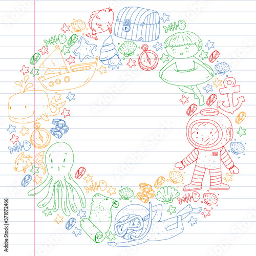 Vector icons of sea ocean adventure for little children. Nautical pattern for kids. Whale, pirates, pirate map, treasure chest, diving and fishes.