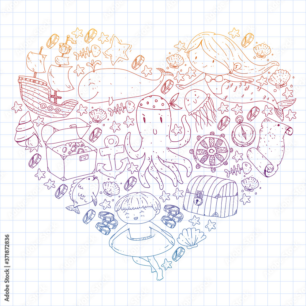 Fototapeta premium Vector icons of sea ocean adventure for little children. Nautical pattern for kids. Whale, pirates, pirate map, treasure chest, diving and fishes.