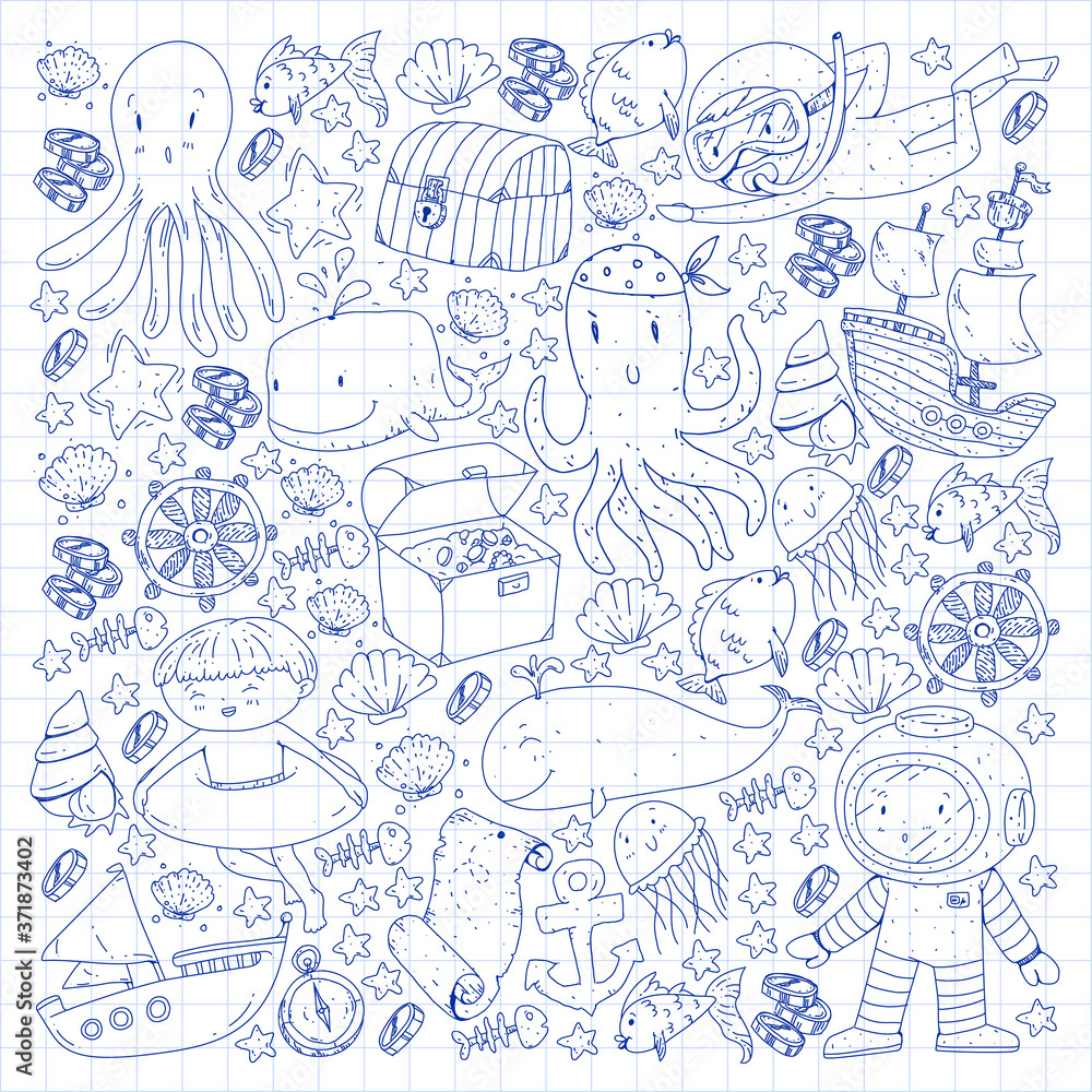 Vector icons of sea ocean adventure for little children. Nautical pattern for kids. Whale, pirates, pirate map, treasure chest, diving and fishes.