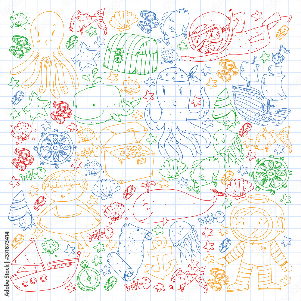 Vector icons of sea ocean adventure for little children. Nautical pattern for kids. Whale, pirates, pirate map, treasure chest, diving and fishes. Vector icons of sea ocean adventure for little children. Nautical pattern for kids. Whale, pirates, pirate map, treasure chest, diving and fishes.