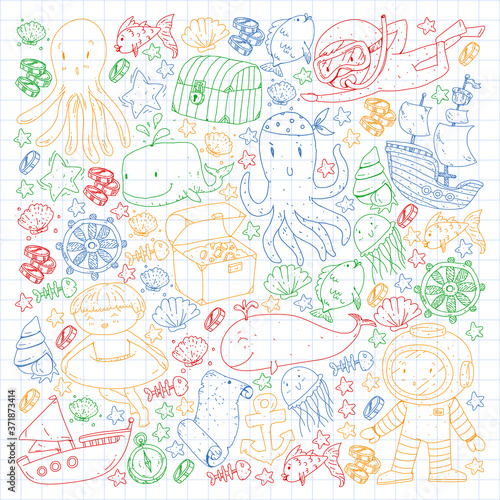 Vector icons of sea ocean adventure for little children. Nautical pattern for kids. Whale, pirates, pirate map, treasure chest, diving and fishes.