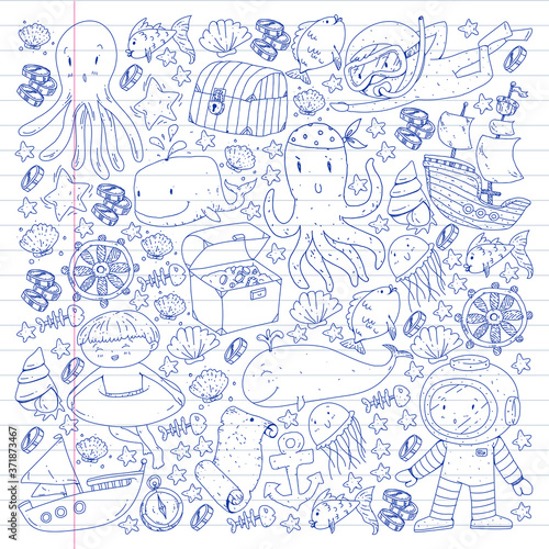 Vector icons of sea ocean adventure for little children. Nautical pattern for kids. Whale, pirates, pirate map, treasure chest, diving and fishes.