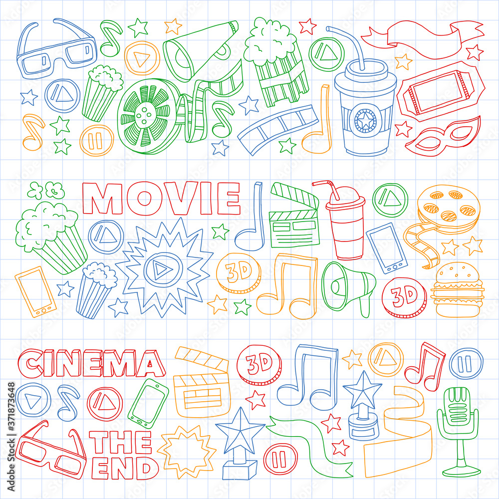 Cinema, movie, film doodles hand drawn sketchy vector symbols and objects