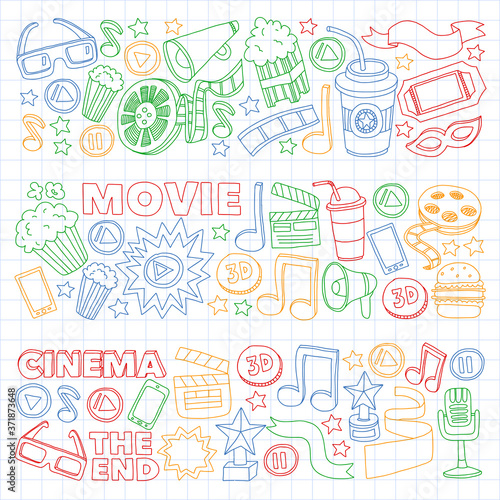 Cinema  movie  film doodles hand drawn sketchy vector symbols and objects