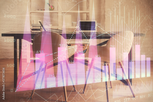 Multi exposure of financial graph drawing and office interior background. Concept of market analysis. © peshkova