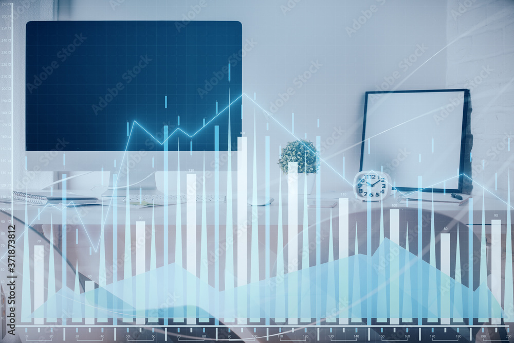 Multi exposure of stock market chart drawing and office interior background. Concept of financial analysis.