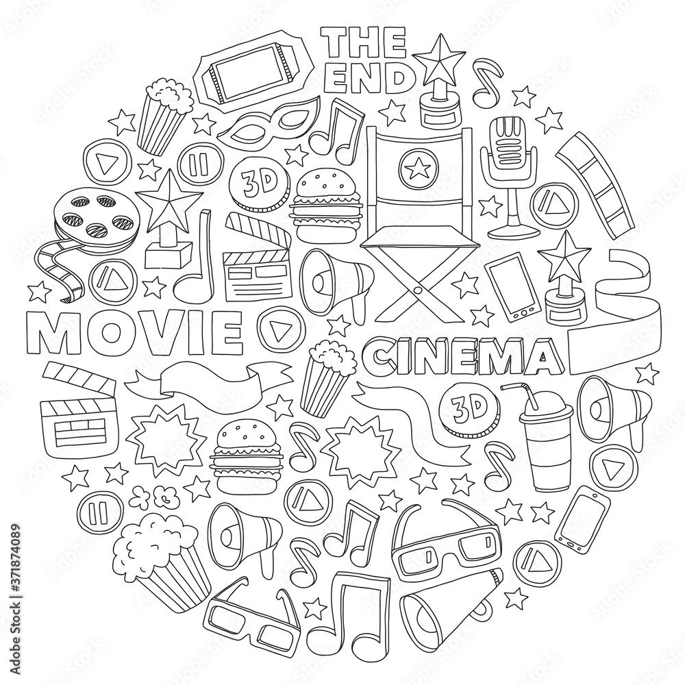 Cinema, movie. Vector film symbols and objects
