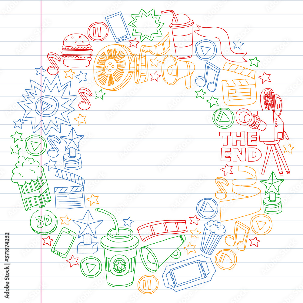 Cinema, movie, film doodles hand drawn sketchy vector symbols and objects