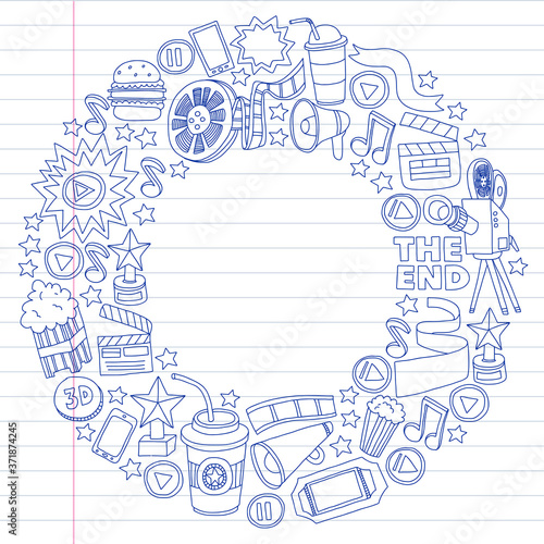 Cinema, movie. Vector film symbols and objects