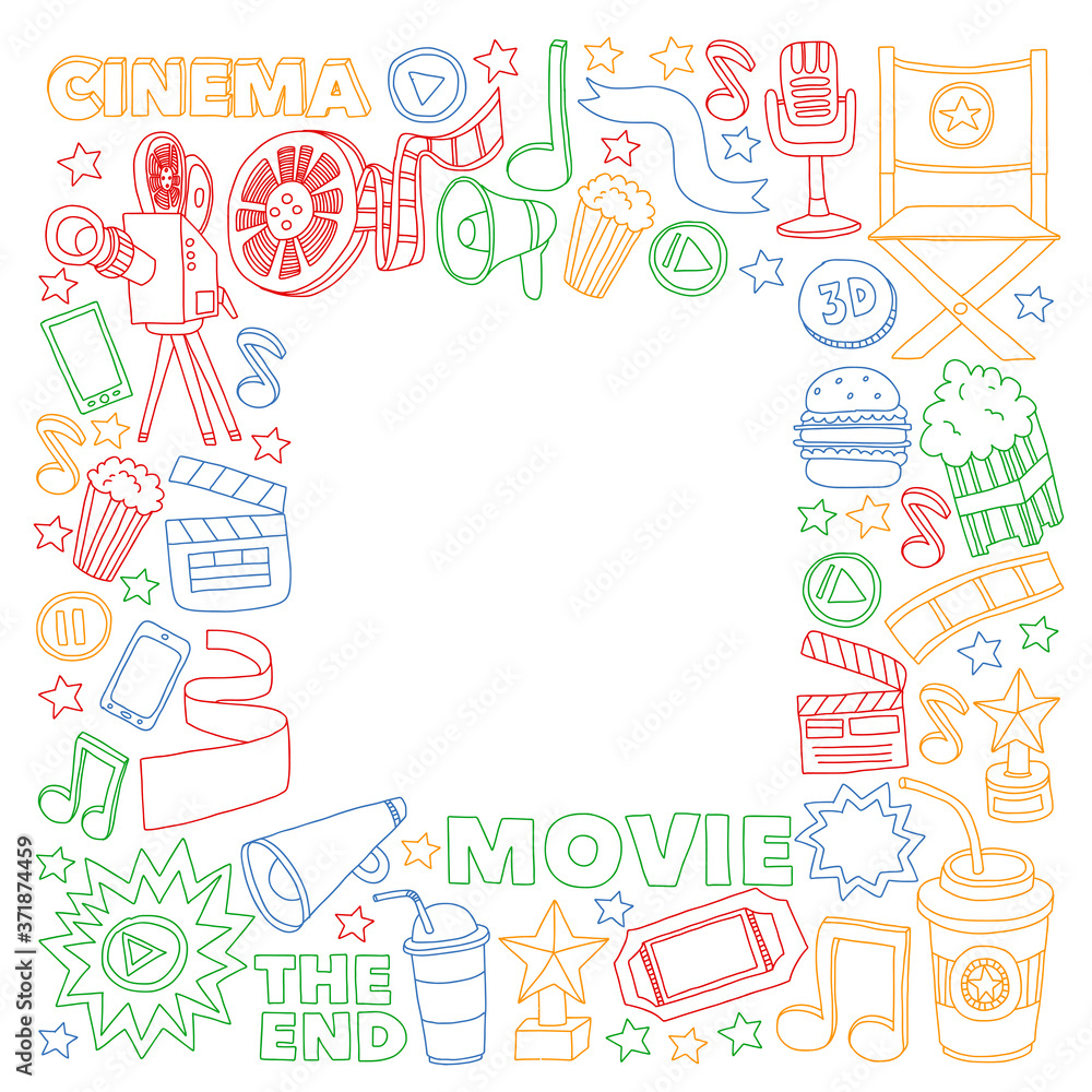 Cinema, movie. Vector film symbols and objects