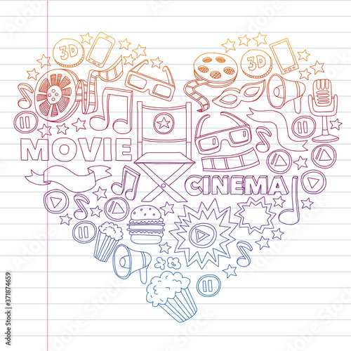 Cinema, movie. Vector film symbols and objects