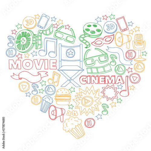 Cinema, movie. Vector film symbols and objects