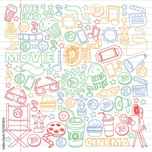 Cinema, movie, film doodles hand drawn sketchy vector symbols and objects