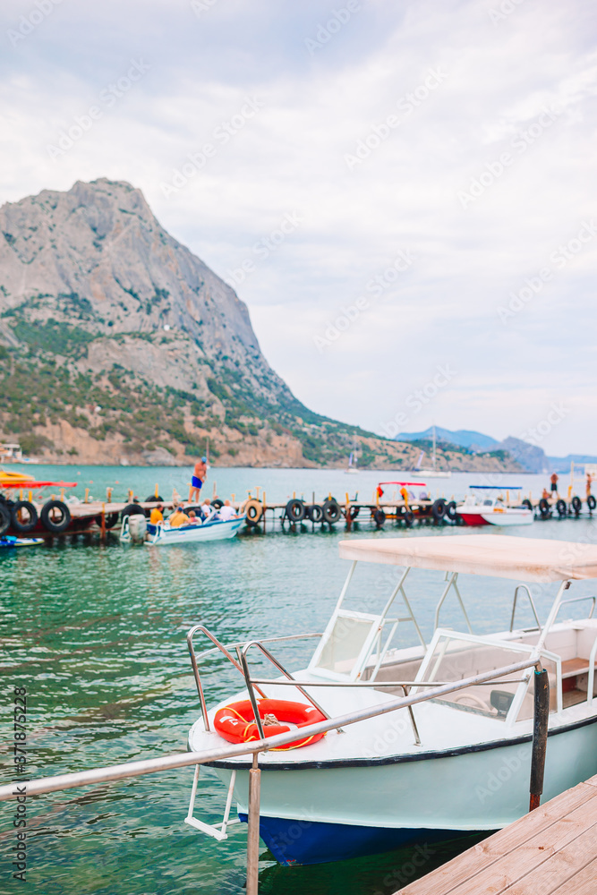 Obraz premium View of a passenger boat in Balaklava Bay