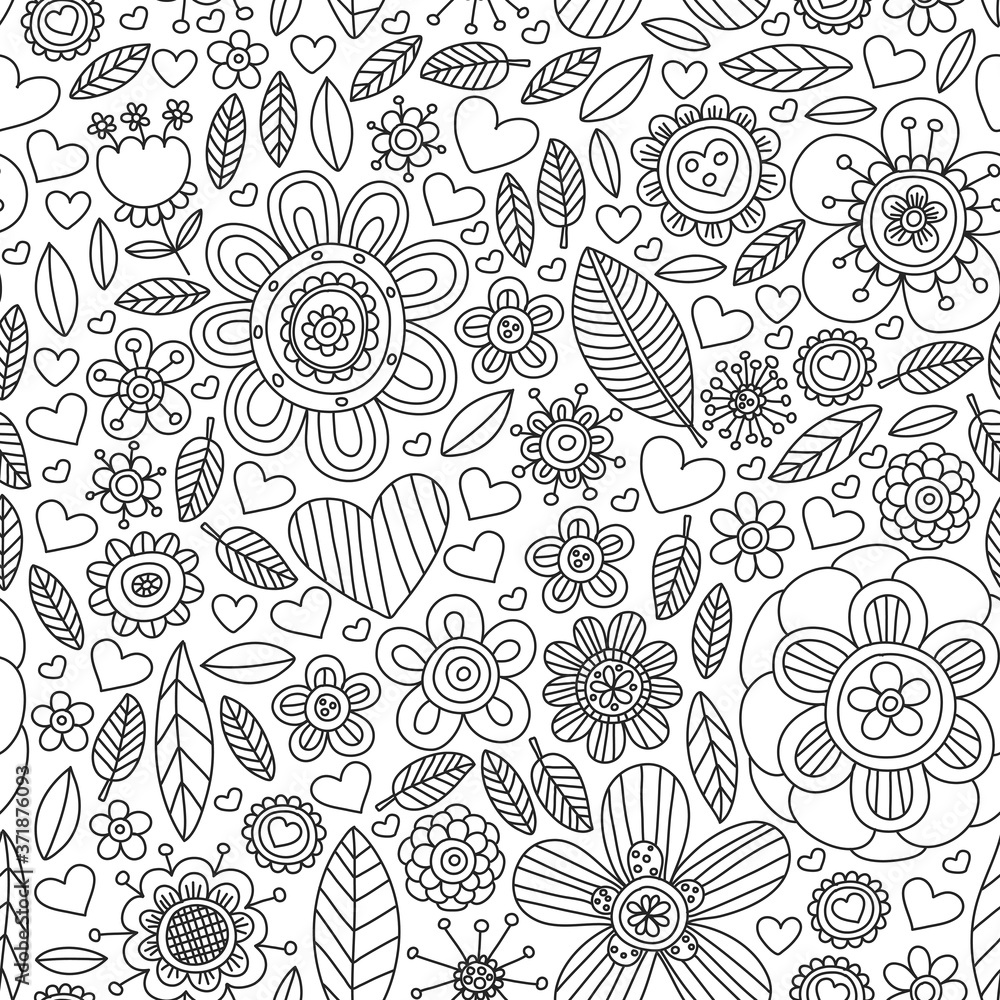 Fototapeta premium Seamless flowers vector pattern. Background for wedding design, coloring page, book.