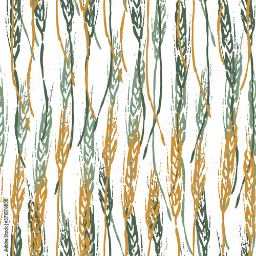 Autumn harvest, wheat spikelets seamless pattern. Hand drawn vector abstract wallpaper. Fall ink sketches. Original colored botanical background. For design, print, wrapping, fabric, textile, decor. © Olga Sayuk
