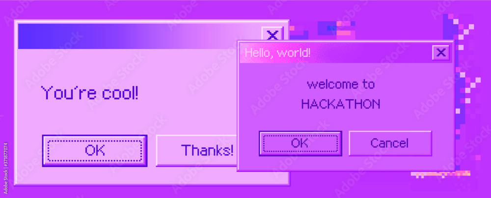 Retro user interface with message box and glitched pixels around it ...