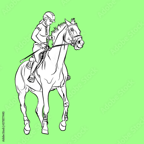 Silhouette of a rider on a resisting horse  Equestrian sport  isolated  white silhouette  contour drawing  outline  coloring  place for your text  banner  postcard