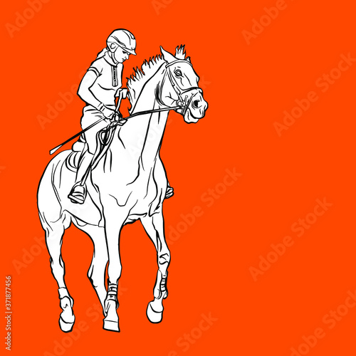 Silhouette of a rider on a resisting horse  Equestrian sport  isolated  white silhouette  contour drawing  outline  coloring  place for your text  banner  postcard