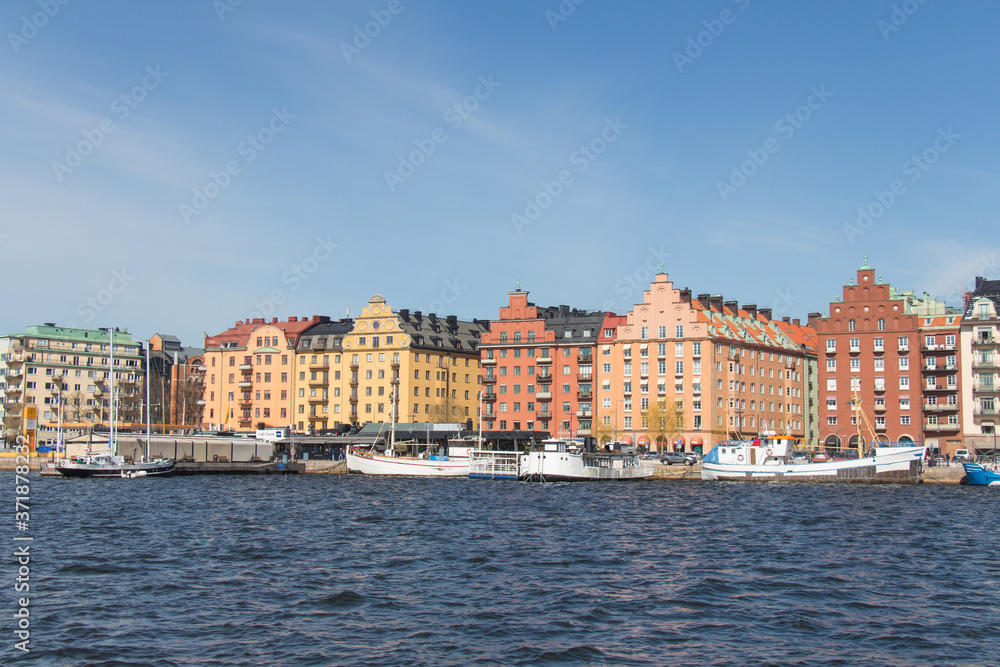 Colorful buildings on Kungsholmen waterfront, Stockholm, Sweden.