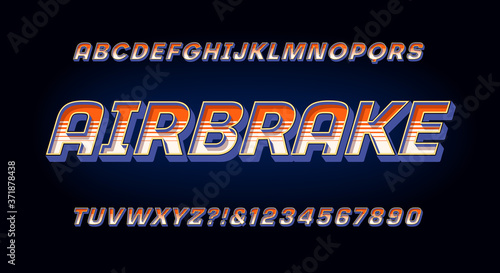 Airbrake Alphabet; A Racing or Motorsports Styled Font of Italic Capitals with Stripes and 3d Effects. Similar to Logo Treatments on Race Cars.