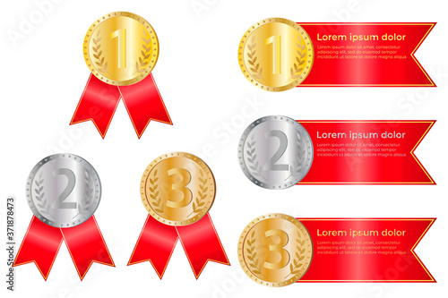 Award medals with red ribbons.Gold, silver and bronze medals.. Medals for first, second and third place.A set of award medals isolated on a white background.Realistic vector illustration
