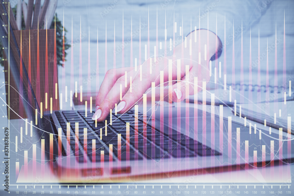 Multi exposure of woman hands typing on computer and forex chart hologram drawing. Stock market analysis concept. Multi exposure of woman hands typing on computer and forex chart hologram drawing. Stock market analysis concept.