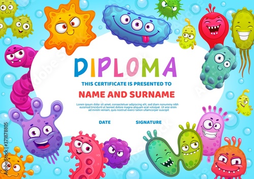 Education diploma for school or kindergarten, vector kids certificate with cute bacteria, germs and viruses cartoon characters with funny faces. Kids diploma template for winners award or graduation