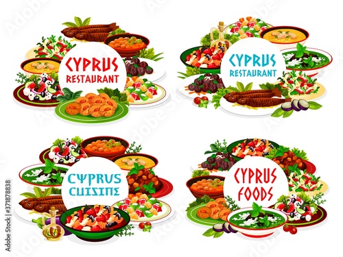 Cyprian cuisine vector meals avgolemno, salad with grapefruit and goat cheese, greek pickled vegetables. Peasant and baked eggplant salad with pilaf in larnakski style, Greek Cyprus dishes round frame
