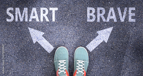 Smart and brave as different choices in life - pictured as words Smart, brave on a road to symbolize making decision and picking either Smart or brave as an option, 3d illustration
